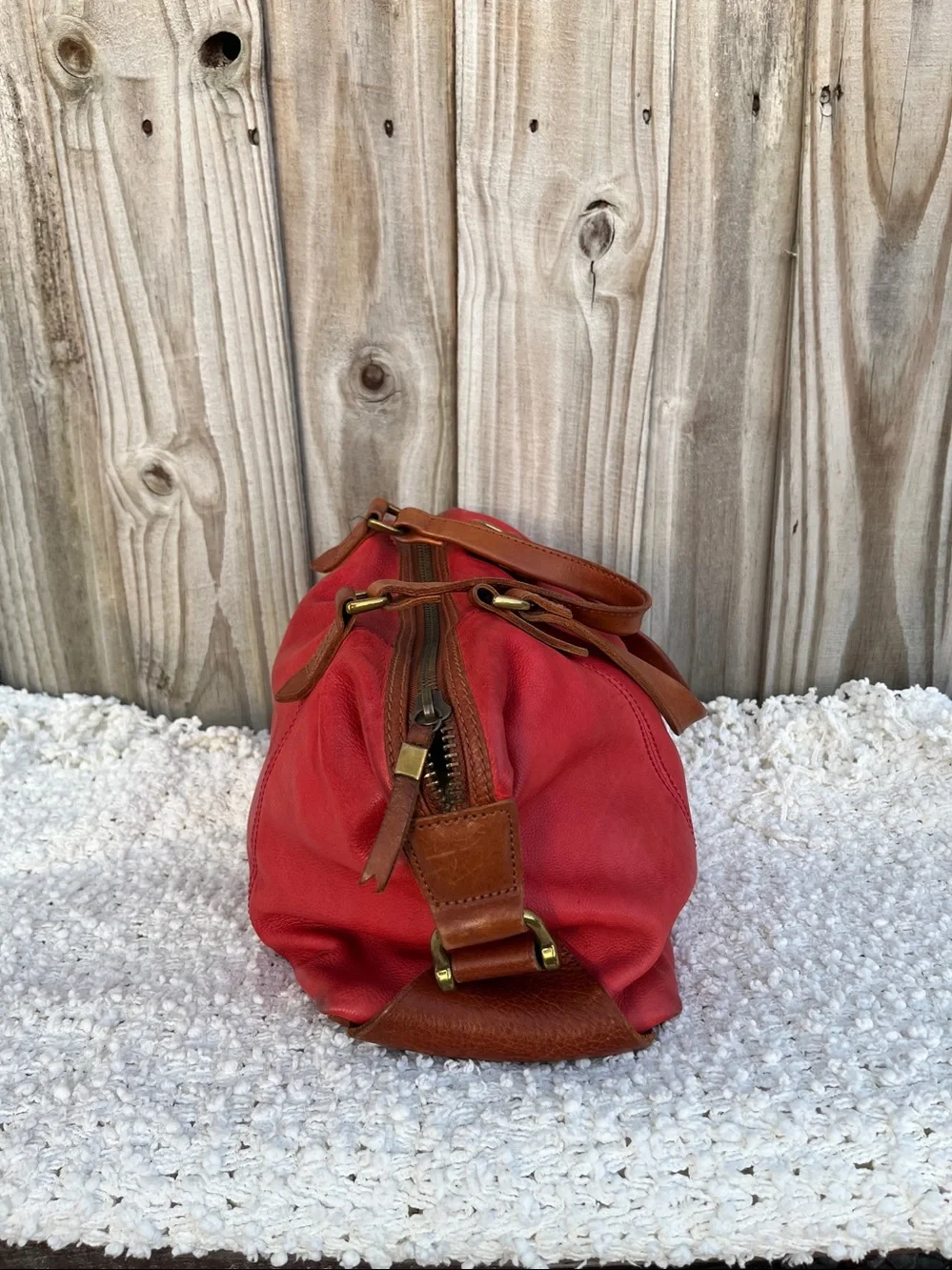 Red Leather Satchel Bag with Brown Handles